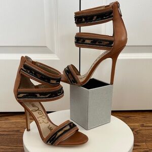 Sam Edelman Alton Leather Leopard Tan Black Calf Hair Strappy 4” Heels Size 7